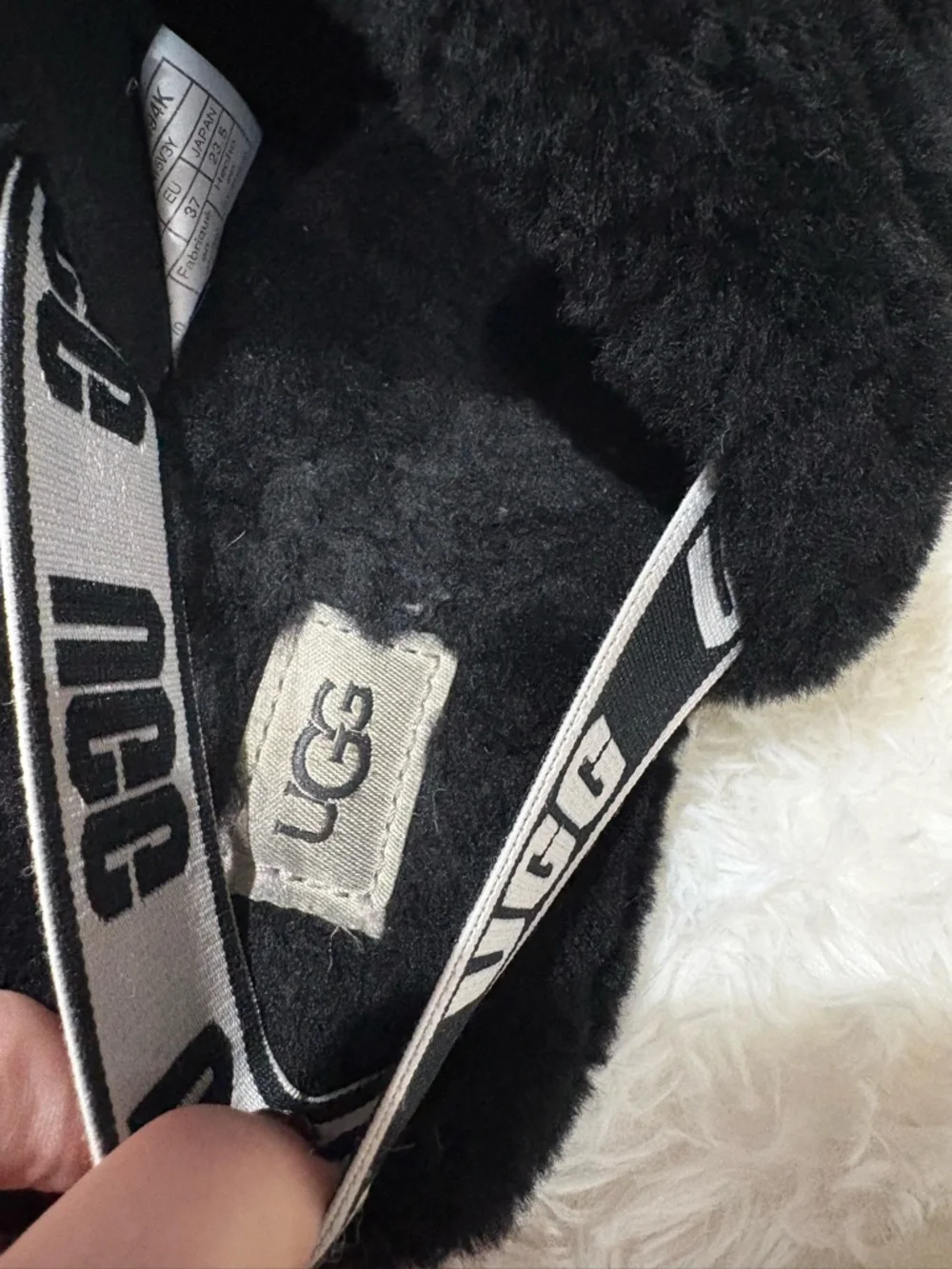 UGG Black Plush Slide Sandals with Branded Elastic Heel - Picture 6 of 8